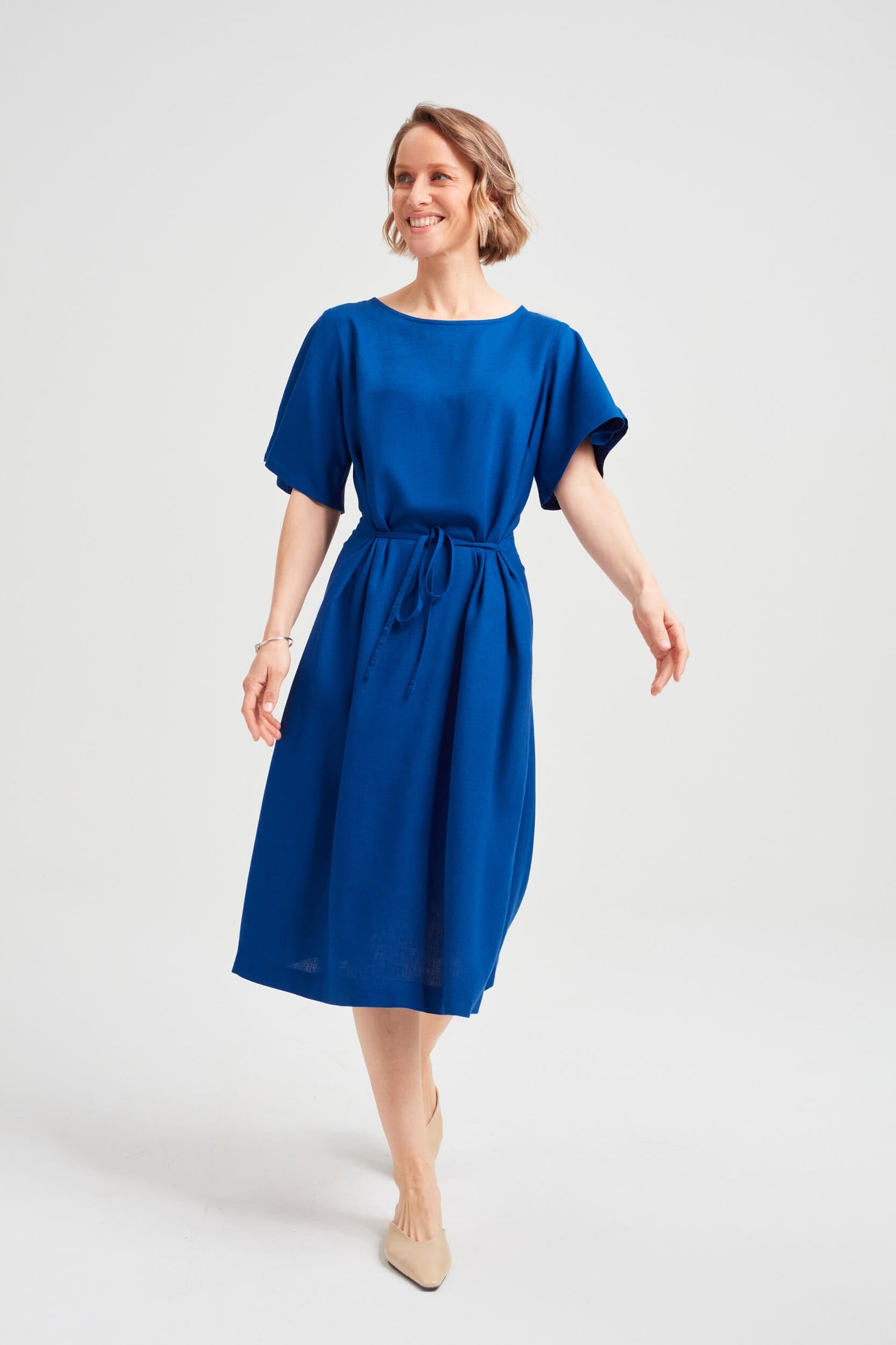 Nika Round Neck Dress With Butterfly Sleeves Ocean Blue