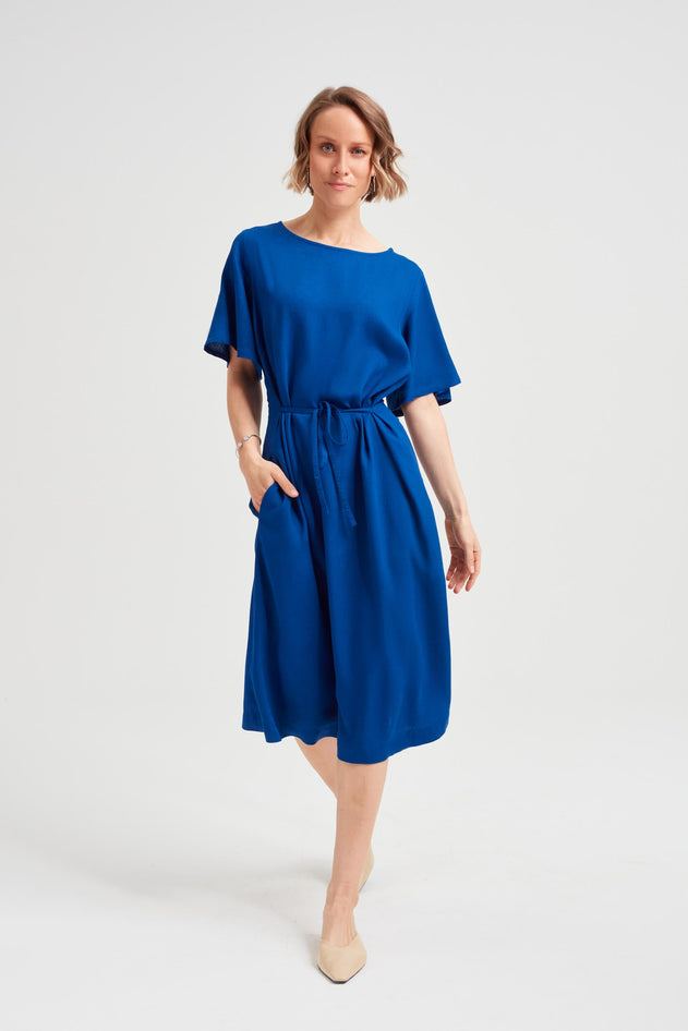 Nika Round Neck Dress With Butterfly Sleeves Ocean Blue