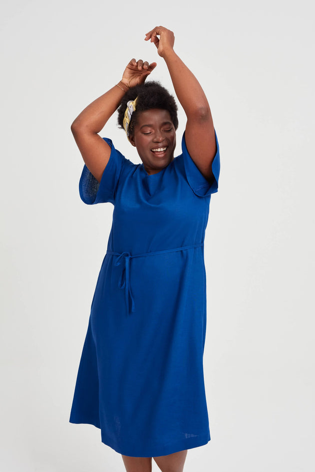 Nika Round Neck Dress With Butterfly Sleeves Ocean Blue