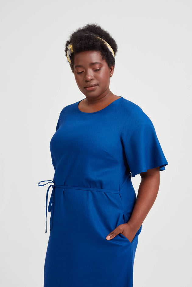 Nika Round Neck Dress With Butterfly Sleeves Ocean Blue
