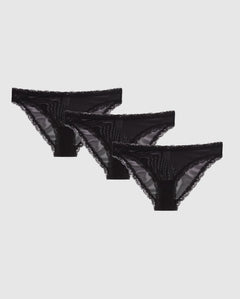 Mesh Lace Trim Bikini Briefs 3-Pack Black