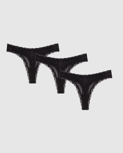 Mesh Lace Trim Thong 3-Pack Black