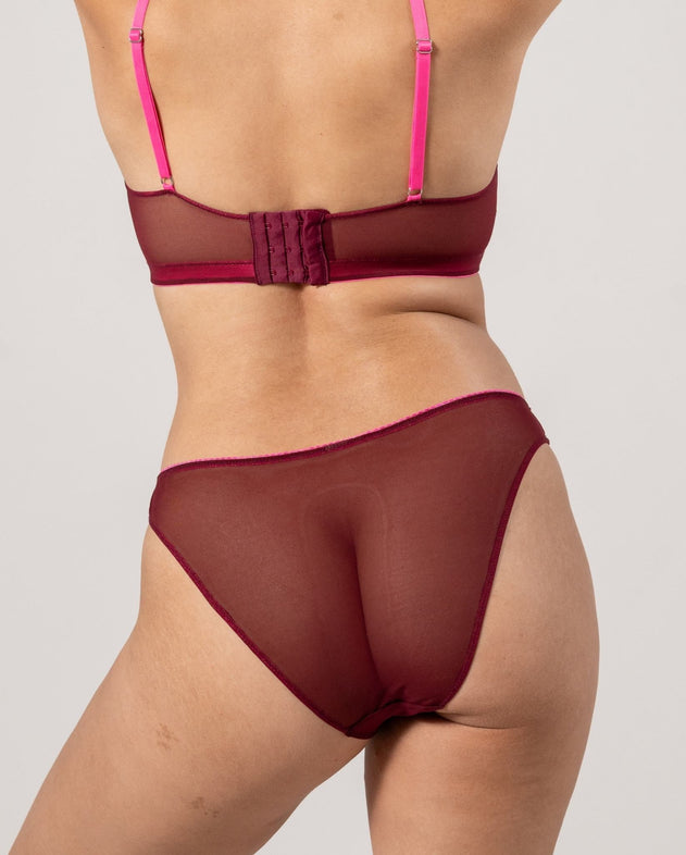 Mesh Bikini Briefs Burgundy/Neon Pink