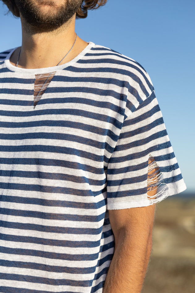 Energia Unisex Linen T-Shirt Navy Striped