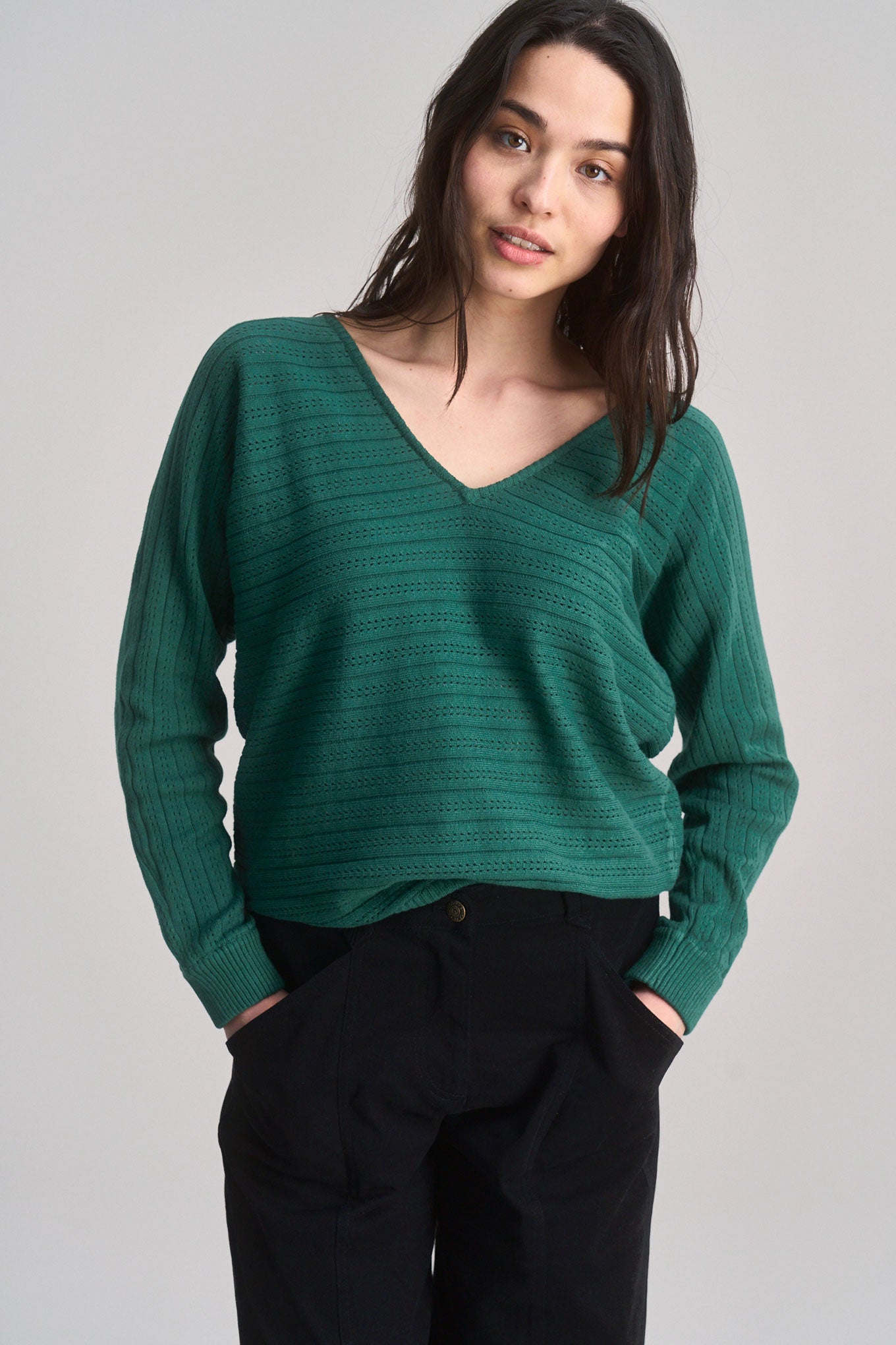 Clover Pointelle Knit Organic Cotton Jumper Dark Green