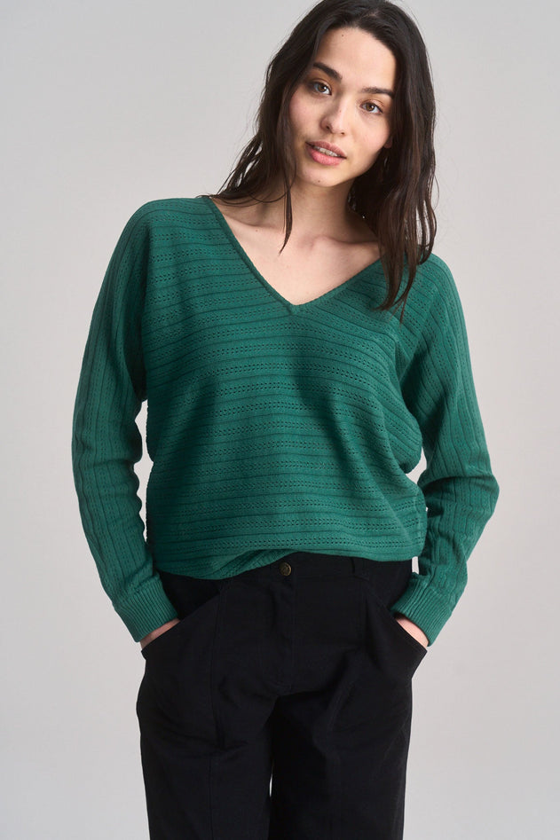 Clover Pointelle Knit Organic Cotton Jumper Dark Green