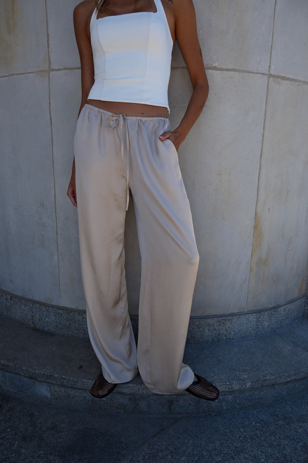 Satin Trousers With Tied Pockets Beige