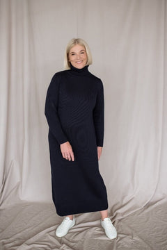 Turtleneck Knitted Merino Wool Sweater Dress Dark Blue