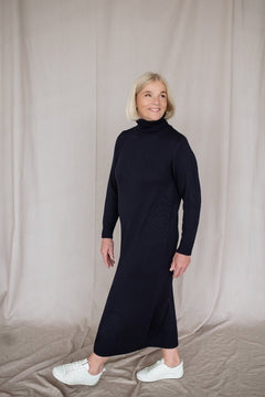 Turtleneck Knitted Merino Wool Sweater Dress Dark Blue