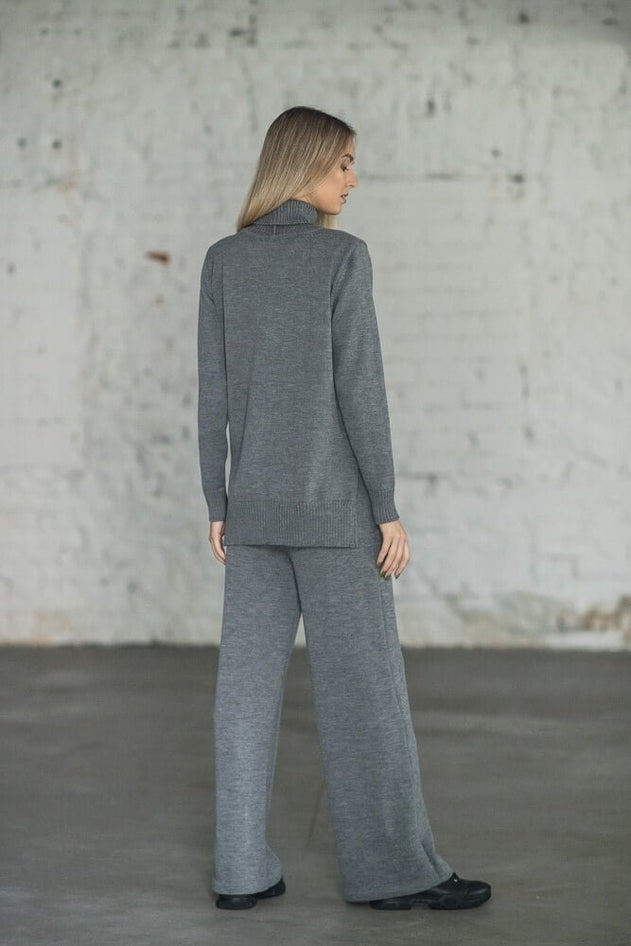 Back view of grey merino wool wide-leg pants