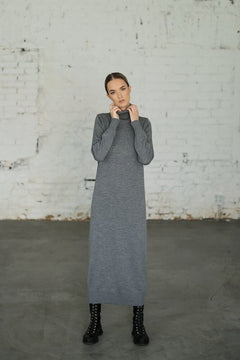 Turtleneck Knitted Merino Wool Sweater Dress Grey