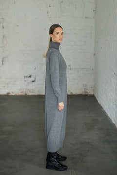 Turtleneck Knitted Merino Wool Sweater Dress Grey