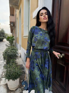 Elegant Long Floral Print Boat Neck Dress