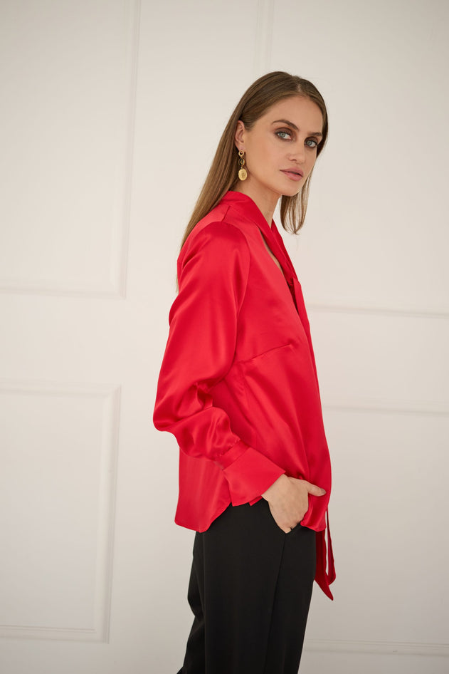 Silk Blouse With a Sash Red