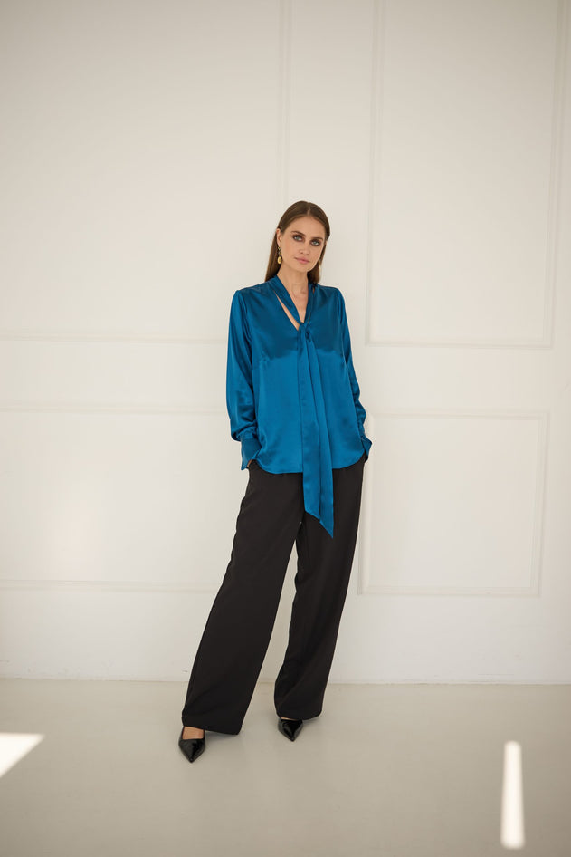Enteliér Zijden Blouse met Ceintuur Saffierblauw