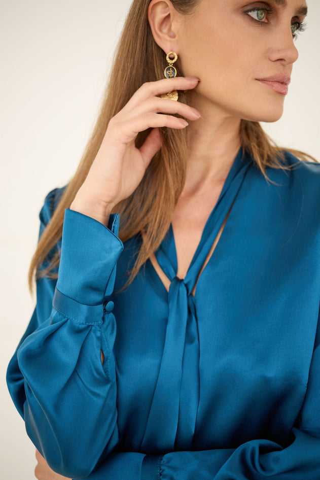 Enteliér Zijden Blouse met Ceintuur Saffierblauw