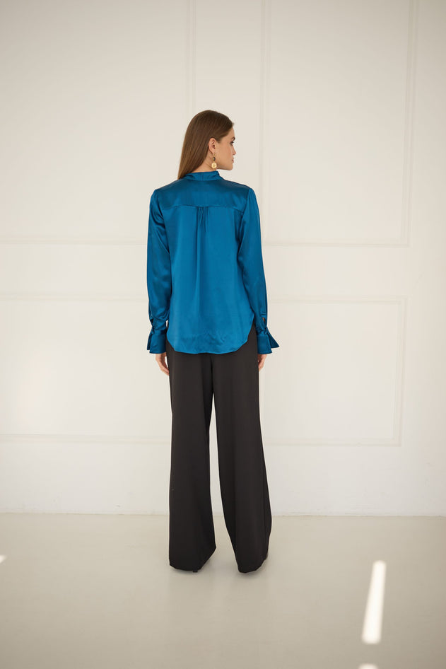 Enteliér Zijden Blouse met Ceintuur Saffierblauw
