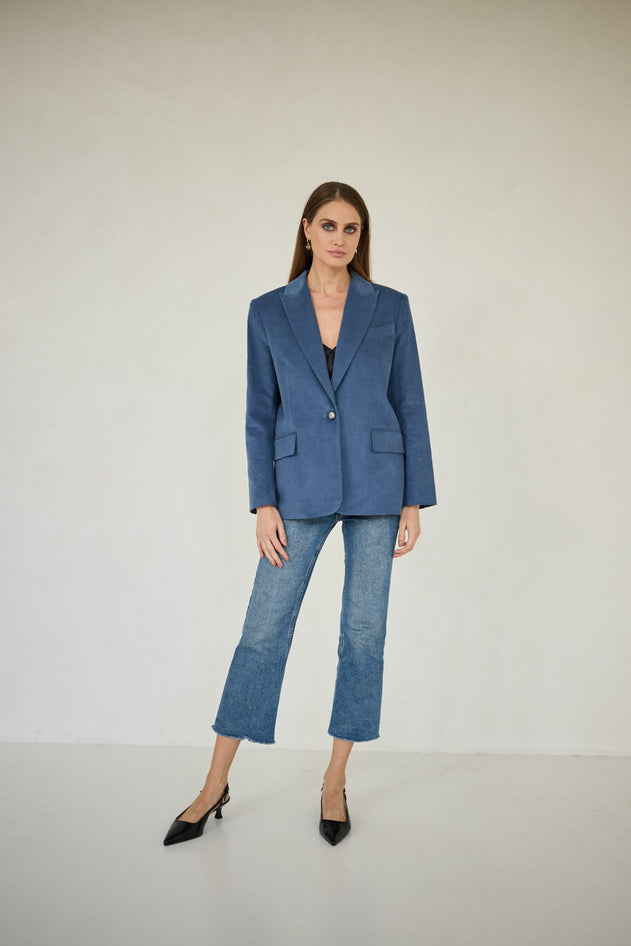 Enteliér Ribfluwelen Blazer Denimblauw