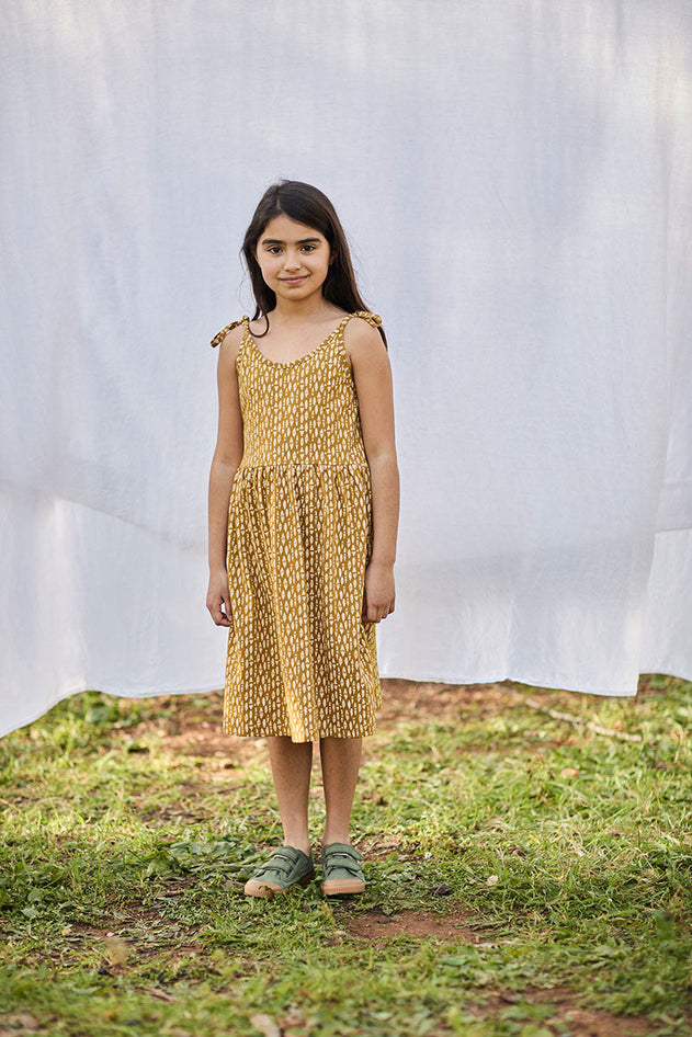 Kinder Strappy Tie Katoenen Jurk Ethnic Mustard