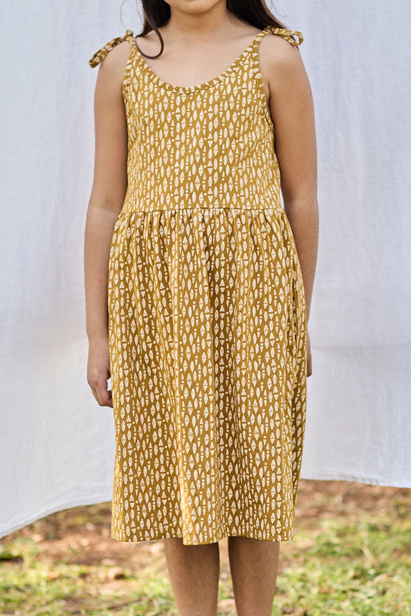 Kinder Strappy Tie Katoenen Jurk Ethnic Mustard