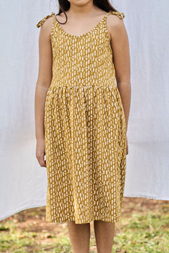 Kinder Strappy Tie Katoenen Jurk Ethnic Mustard