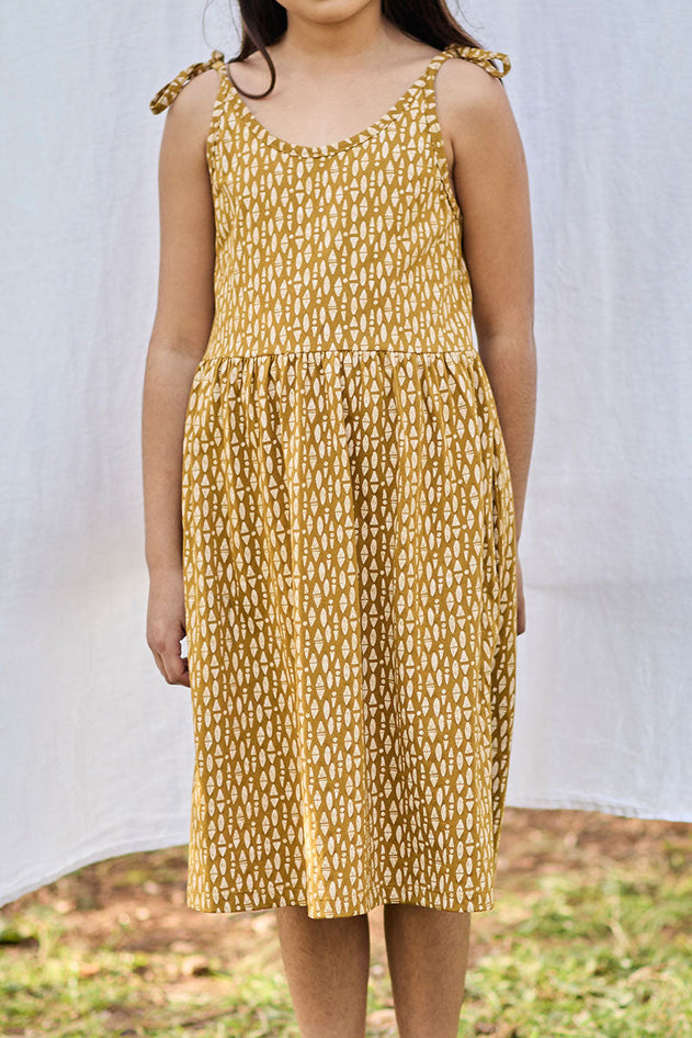 Kinder Strappy Tie Katoenen Jurk Ethnic Mustard
