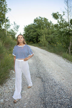 Energia Linen Crop Top Navy Striped