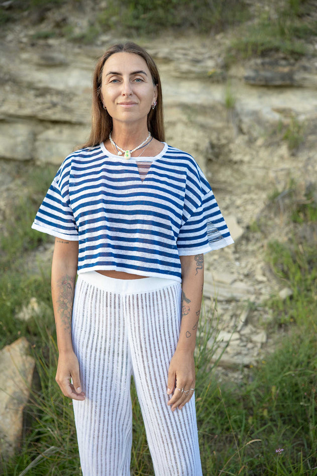 Energia Linen Crop Top Navy Striped