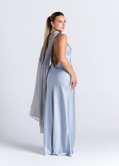 La Mar Satin Gown with Sheer Shawl Baby Blue