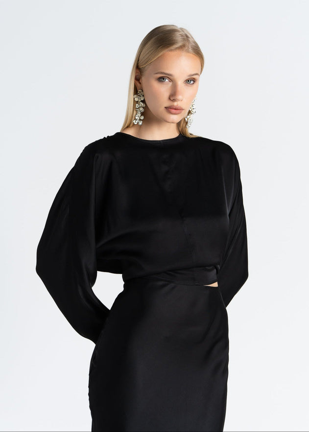 Halo Long Sleeve Satin Blouse Black