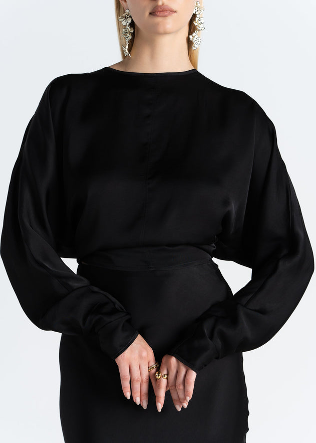 Halo Long Sleeve Satin Blouse Black