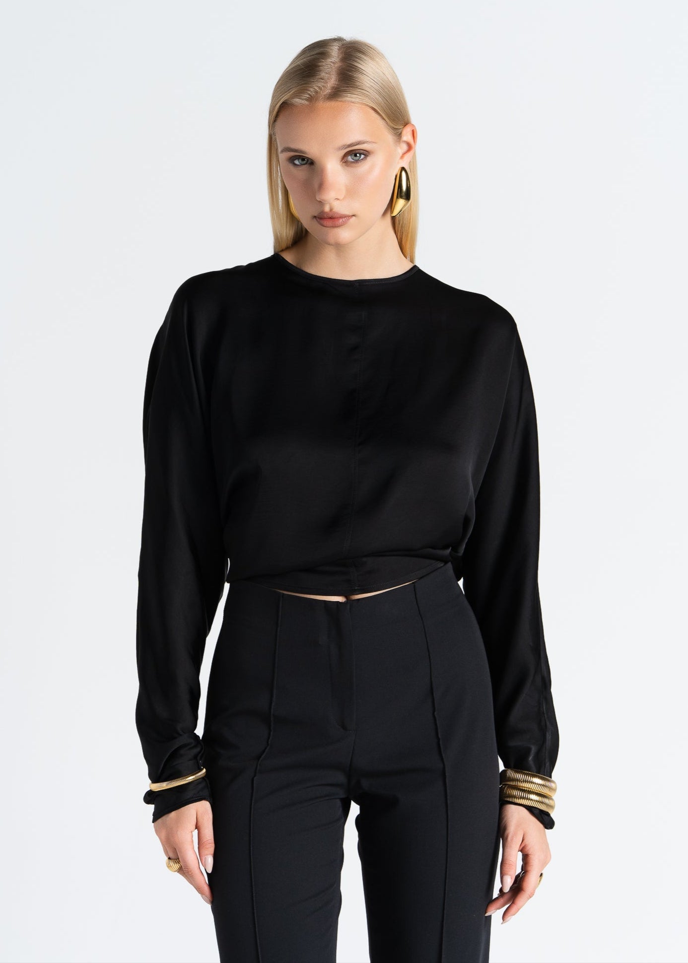 Halo Long Sleeve Satin Blouse Black