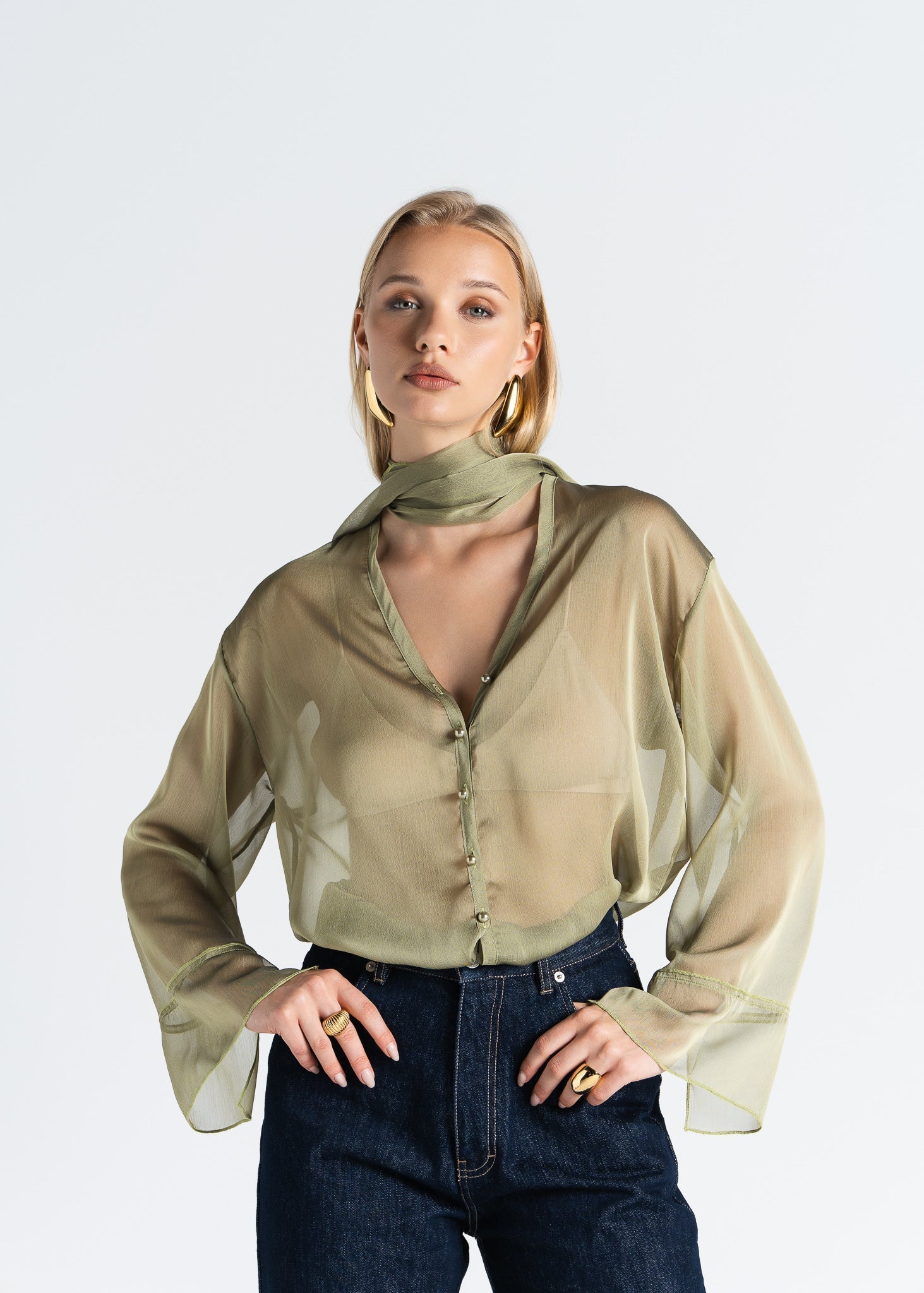 Haze Sheer Button-Up Blouse Green