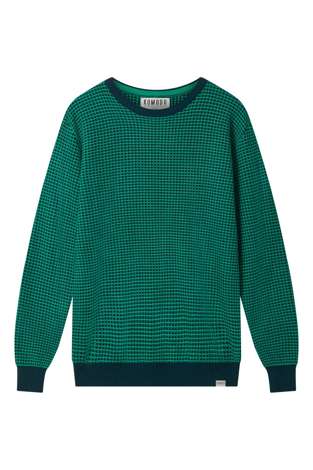 Man wearing Komodo teal organic cotton jumper