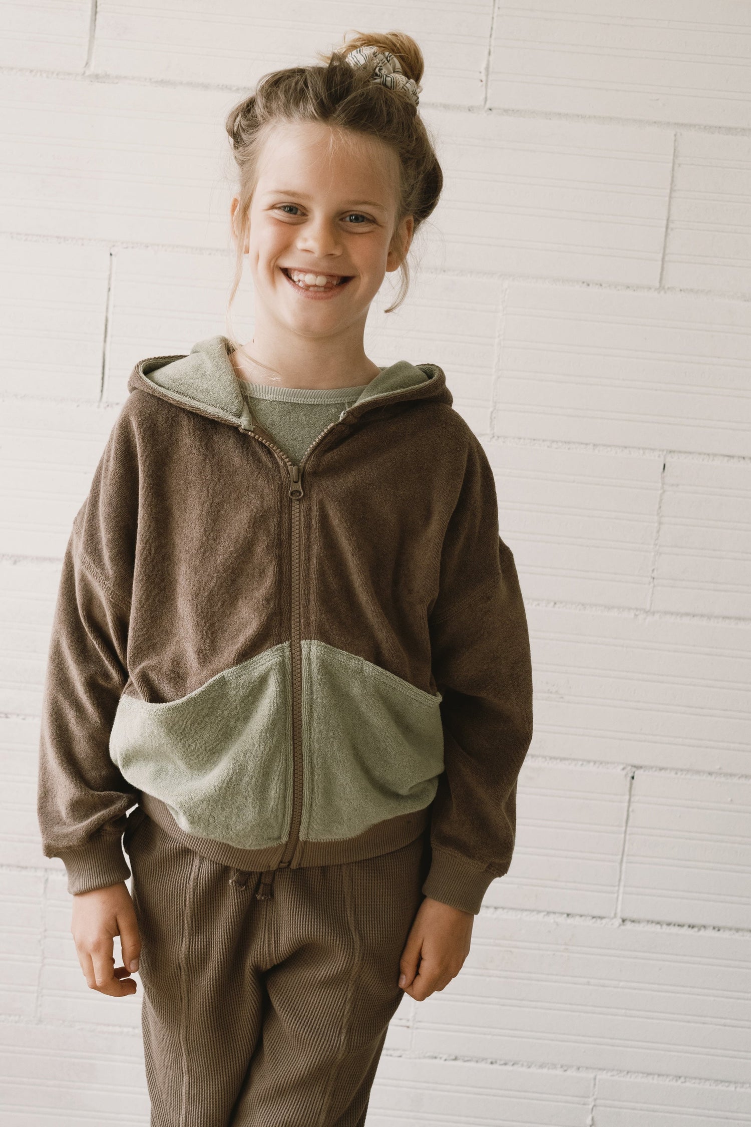 Kid's Helmi Terry Hoodie Brown/Green