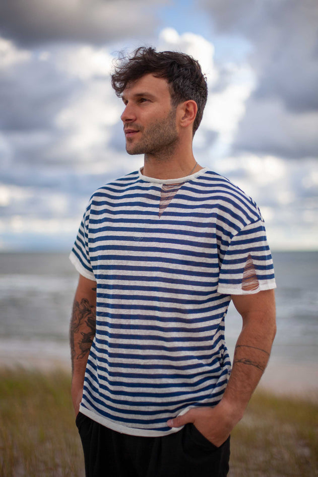 Energia Unisex Linen T-Shirt Navy Striped