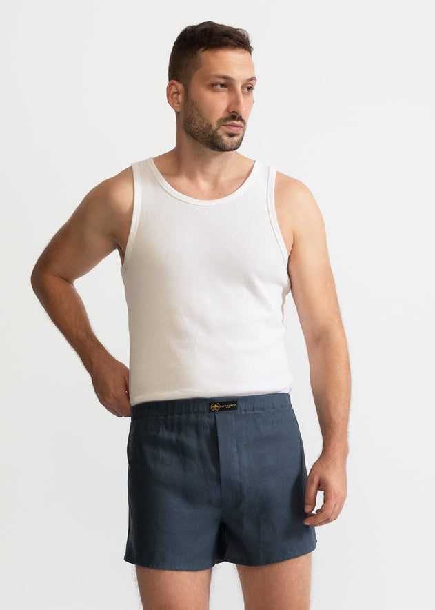 The Linen Boxer Shorts  Petrol Blue