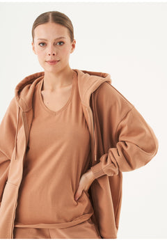 Jale Soft Touch Organic Cotton Sweat Jacket Light Brown