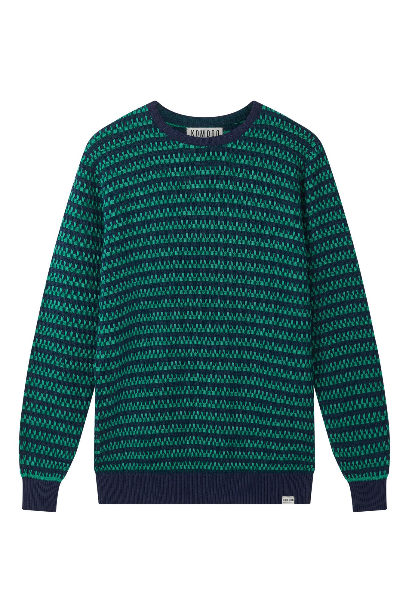 Man wearing Komodo navy organic cotton cable knit jumper