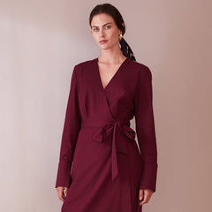 Long Sleeve Midi Wrap Dress Wine Red