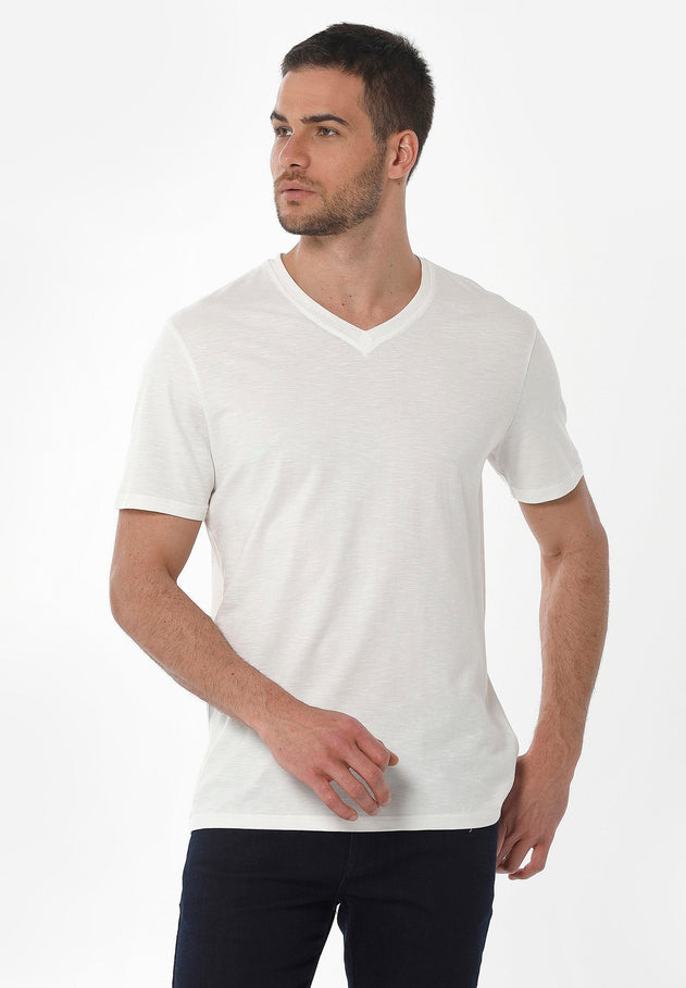 Heren V-hals T-shirt Gebroken wit