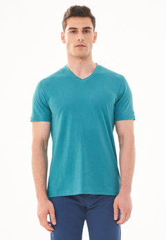 Heren V-hals T-shirt Petrol Green