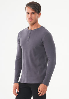 Men's Long-Sleeved Ribbed Henley Shirt Asphalt
