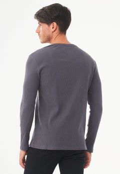 Men's Long-Sleeved Ribbed Henley Shirt Asphalt