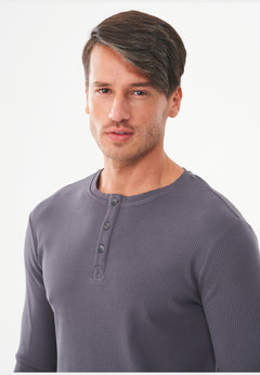 Men's Long-Sleeved Ribbed Henley Shirt Asphalt