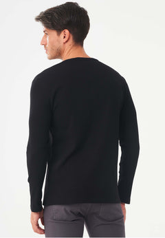 Men's Long-Sleeved Ribbed Henley Shirt Black