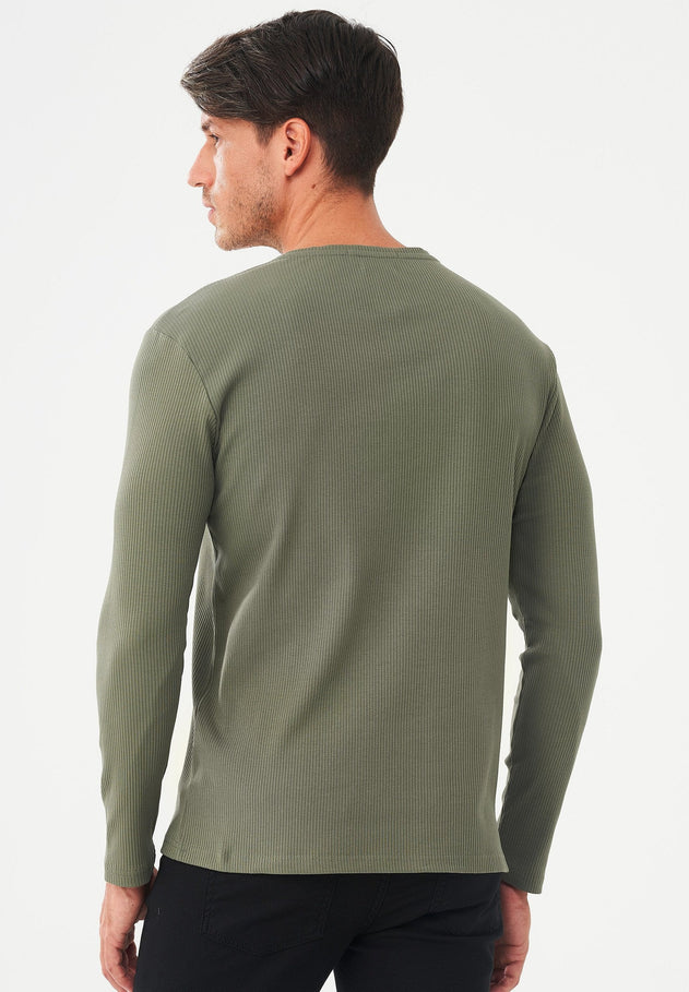 Men's Long-Sleeved Ribbed Henley Shirt Khaki