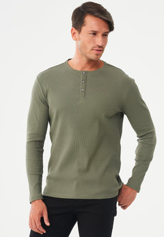 Men's Long-Sleeved Ribbed Henley Shirt Khaki