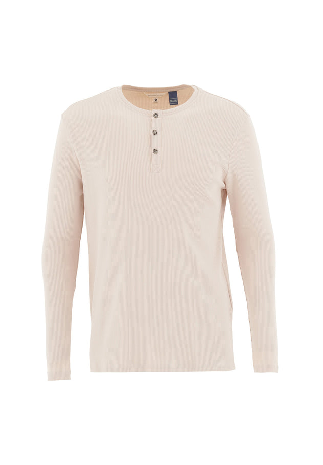 Men's Long-Sleeved Ribbed Henley Shirt Stone