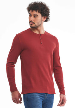 Men's Long-Sleeved Ribbed Henley Shirt Merlot